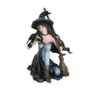 Sitting Witch Holding Broomstick w/Black Raven Figurine Statue